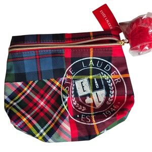 Estee Lauder NEW Plaid Cosmetic Bag Pouch With Pom Pom Red Green Blue Gold‎